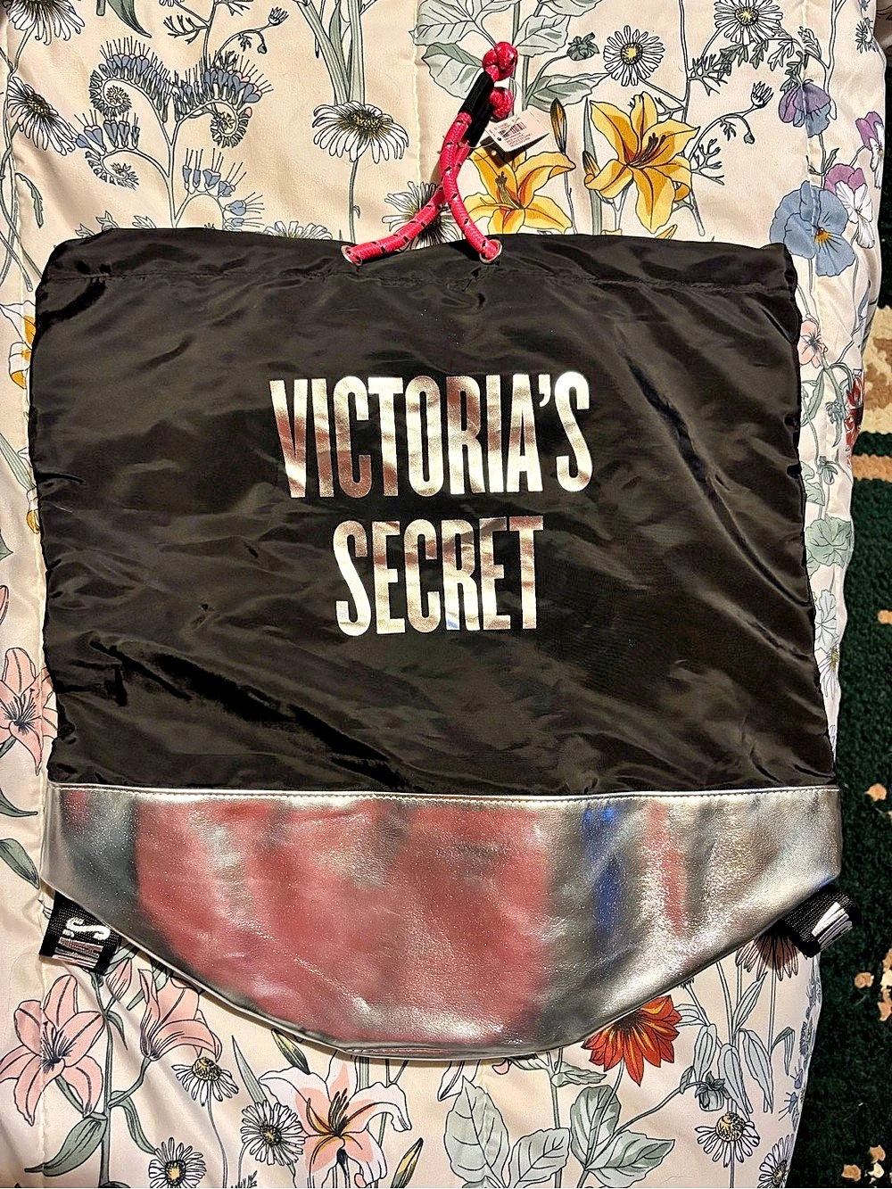 Victoria's Secret Black and Metallic Silver Drawstring Backpack Black & Silver
